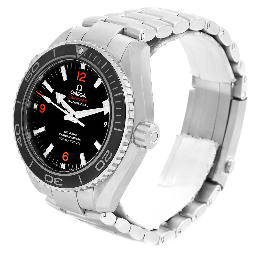 The image shows a side view of the Omega Planet Ocean 232.30.46.21.01.003 Men's Stainless Steel Black Dial 232.30.46.21.01.003 Men's Stainless Steel Black Dial watch, highlighting its face, bezel, crown, and steel bracelet.