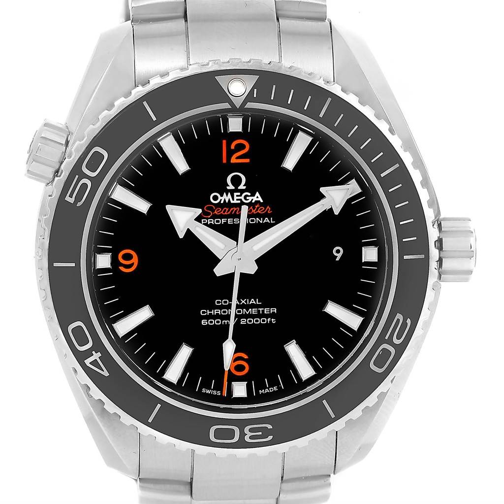 The image shows the face, bezel, and part of the stainless steel bracelet of the Omega Planet Ocean 232.30.46.21.01.003 Men's Stainless Steel Black Dial 232.30.46.21.01.003 Men's Stainless Steel Black Dial model watch.