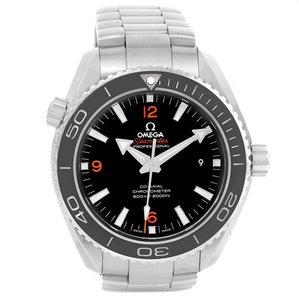 The image shows a front view of the Omega Planet Ocean 232.30.46.21.01.003 Men's Stainless Steel Black Dial 232.30.46.21.01.003 Men's Stainless Steel Black Dial watch, highlighting its dial, bezel, and bracelet.