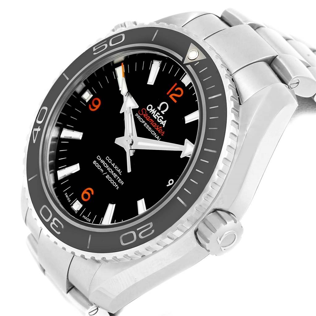 The image shows the Omega Seamaster Planet Ocean watch from a three-quarter angle, highlighting the bezel, dial, and crown.