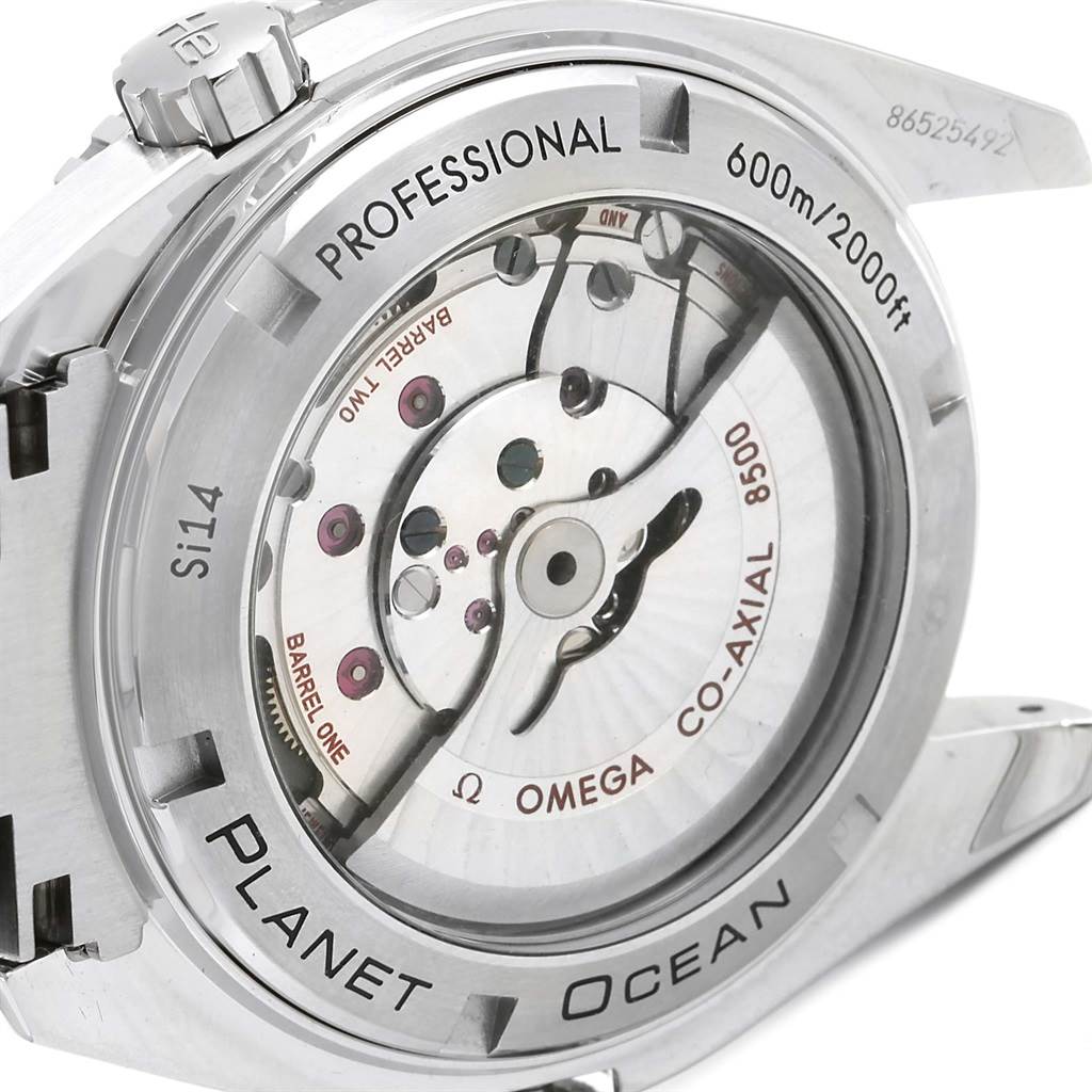 The image shows the back of the Omega Planet Ocean 232.30.46.21.01.003 Men's Stainless Steel Black Dial 232.30.46.21.01.003 Men's Stainless Steel Black Dial watch, highlighting its Co-Axial movement and water resistance.