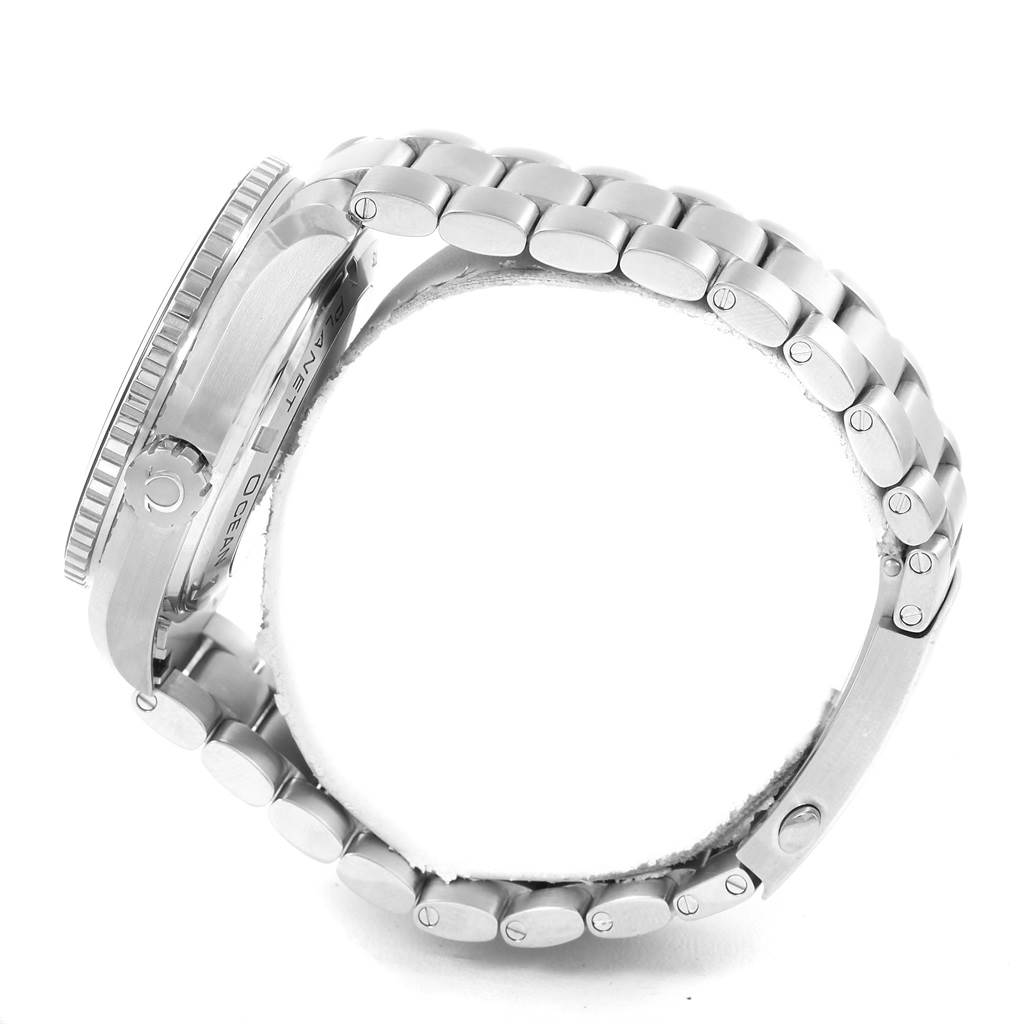 Side view of the Omega Planet Ocean 232.30.46.21.01.003 Men's Stainless Steel Black Dial 232.30.46.21.01.003 Men's Stainless Steel Black Dial watch focusing on the case and metal bracelet links.