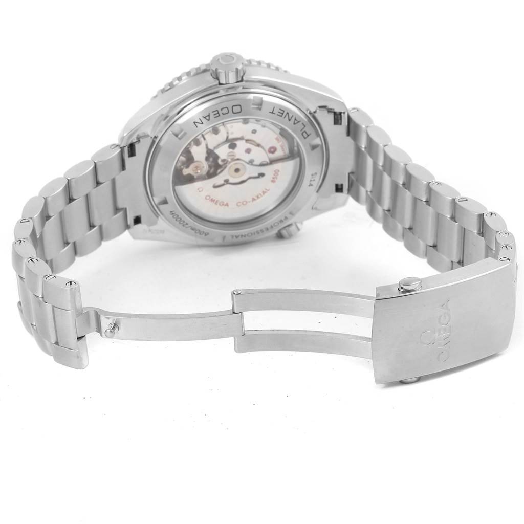 The image shows the back and bracelet of the Omega Planet Ocean 232.30.46.21.01.003 Men's Stainless Steel Black Dial 232.30.46.21.01.003 Men's Stainless Steel Black Dial watch, highlighting the transparent case back and folding clasp.