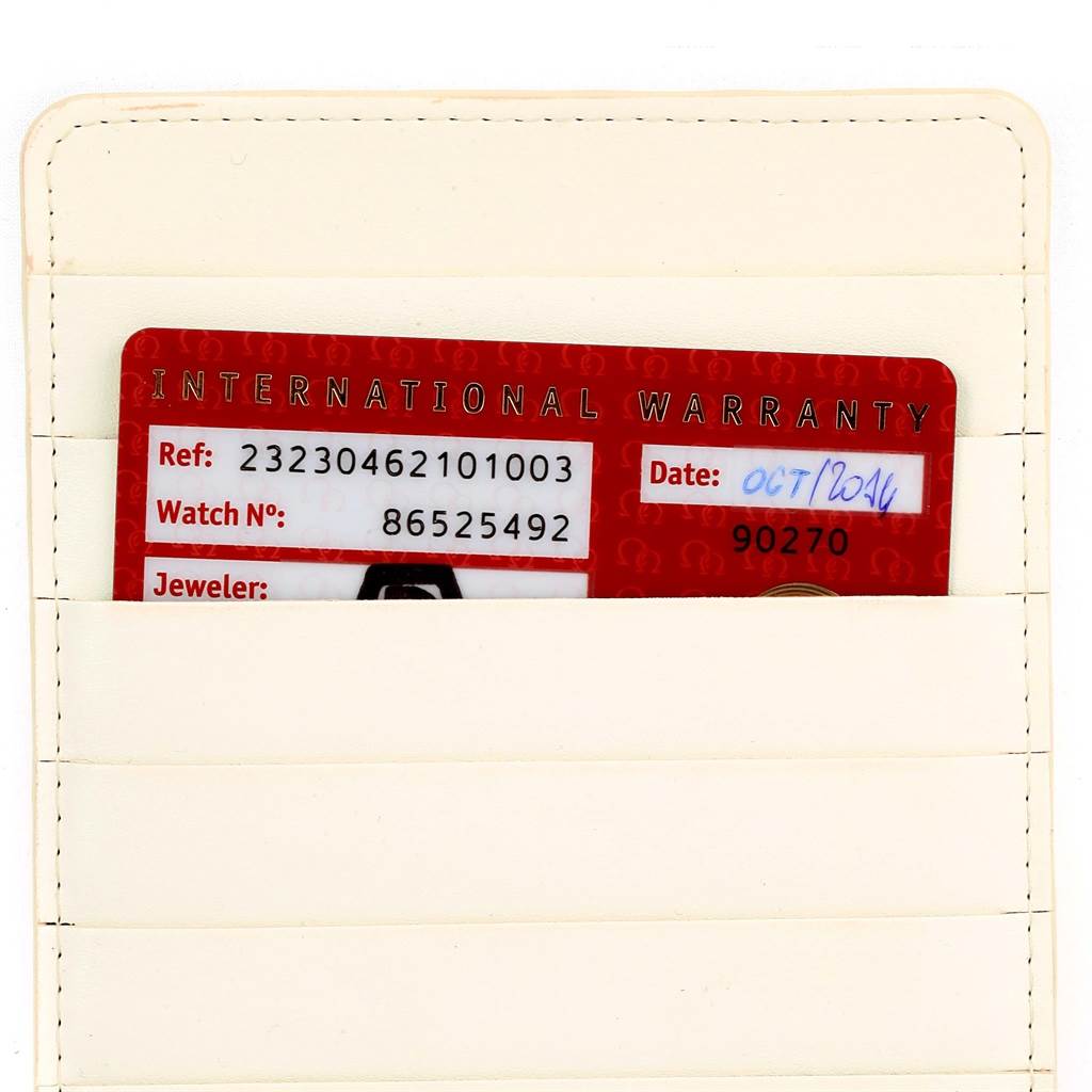 The image shows the international warranty card for an Omega Planet Ocean 232.30.46.21.01.003 Men's Stainless Steel Black Dial 232.30.46.21.01.003 Men's Stainless Steel Black Dial watch inside a card holder.