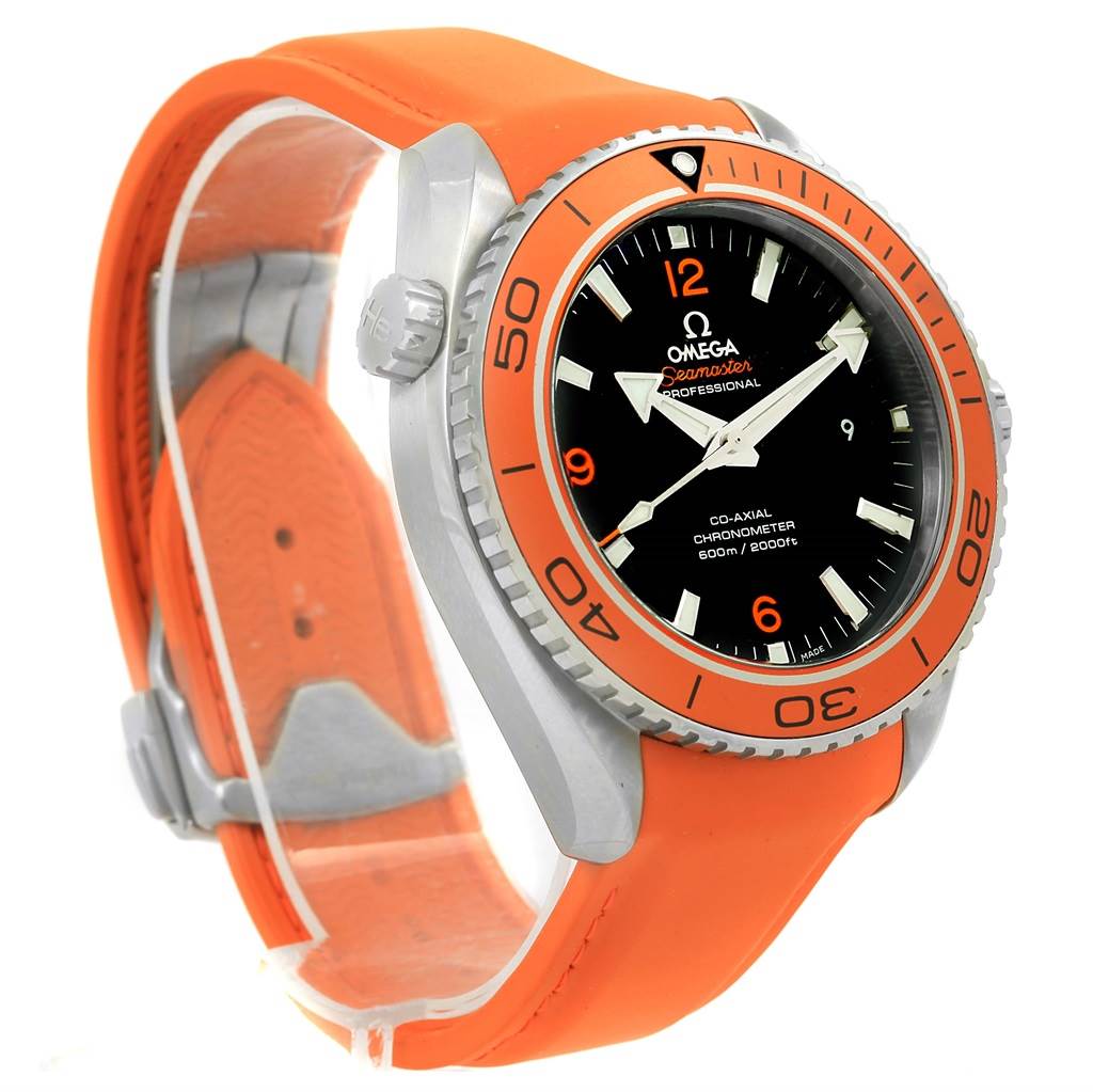 The image shows a side and front angle of an Omega Planet Ocean 232.32.46.21.01.001 Men
s Stainless Steel Black Dial 232.32.46.21.01.001 Men
s Stainless Steel Black Dial watch with an orange bezel and strap.