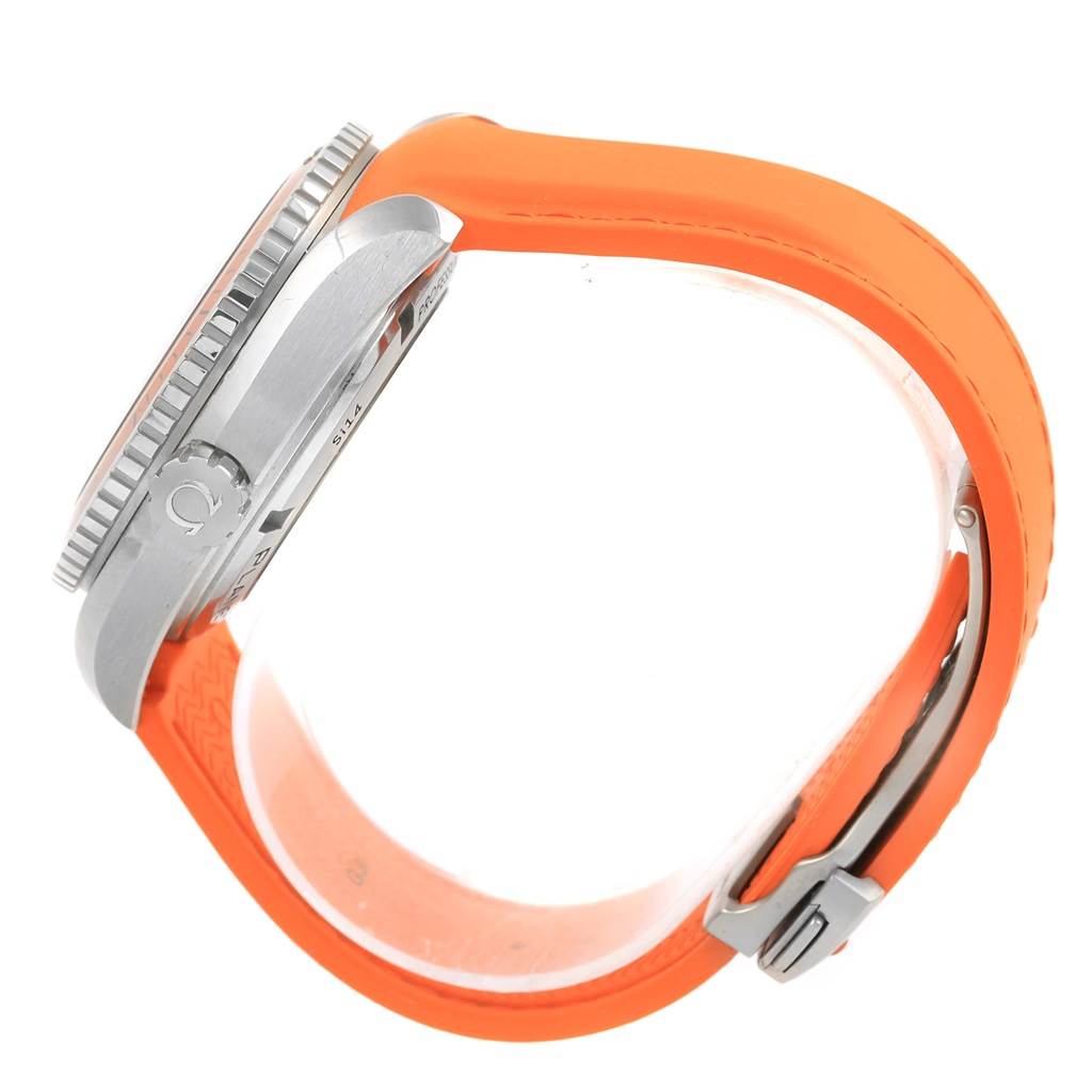 The image shows a side view of an Omega Planet Ocean 232.32.46.21.01.001 Men
s Stainless Steel Black Dial 232.32.46.21.01.001 Men
s Stainless Steel Black Dial watch with an orange strap and visible bezel and crown.