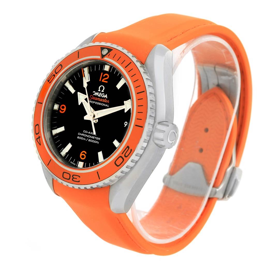 The Omega Planet Ocean 232.32.46.21.01.001 Men
s Stainless Steel Black Dial 232.32.46.21.01.001 Men
s Stainless Steel Black Dial watch is shown at a three-quarter angle, highlighting its face, bezel, and orange strap.