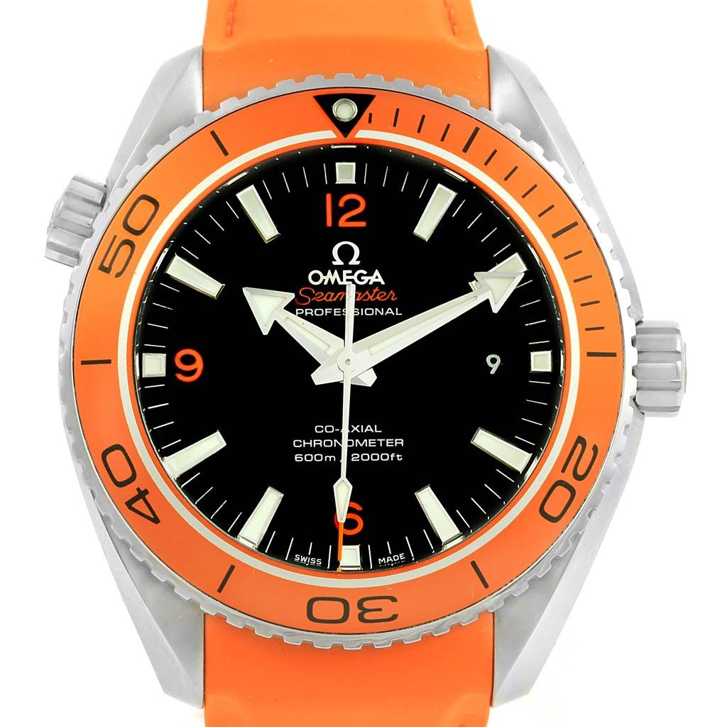 This image shows a front view of the Omega Planet Ocean 232.32.46.21.01.001 Men
s Stainless Steel Black Dial 232.32.46.21.01.001 Men
s Stainless Steel Black Dial watch, displaying its orange bezel, black dial, and orange strap.