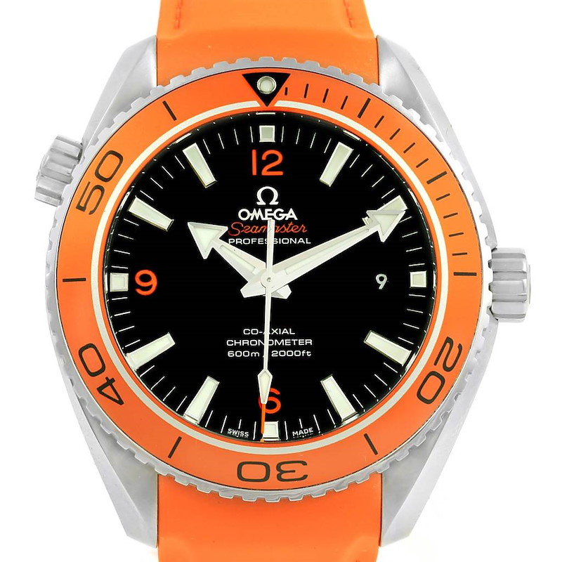 This image shows a front view of the Omega Planet Ocean watch, displaying its orange bezel, black dial, and orange strap.