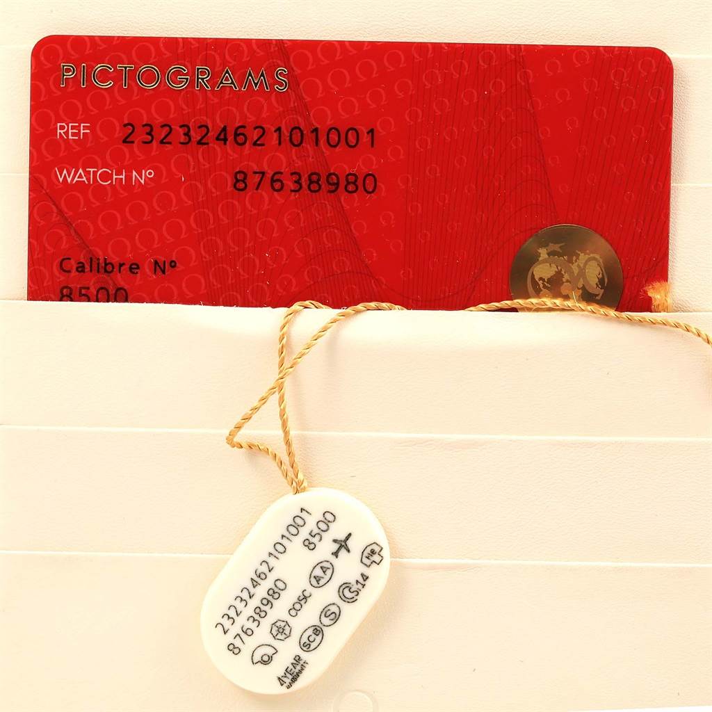 The image shows warranty cards and a tag for the Omega Planet Ocean 232.32.46.21.01.001 Men
s Stainless Steel Black Dial 232.32.46.21.01.001 Men
s Stainless Steel Black Dial model, including reference and calibre numbers.