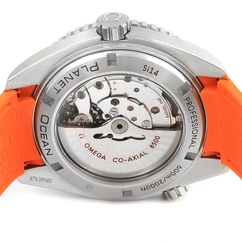 The image shows the back view of an Omega Planet Ocean 232.32.46.21.01.001 Men
s Stainless Steel Black Dial 232.32.46.21.01.001 Men
s Stainless Steel Black Dial watch, highlighting its movement and transparent case back.