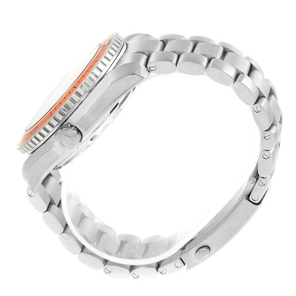 The image shows a side view of the Omega Planet Ocean 232.30.46.21.01.002 Men's Stainless Steel Black Dial 232.30.46.21.01.002 Men's Stainless Steel Black Dial watch, highlighting its bezel, crown, and metal bracelet.