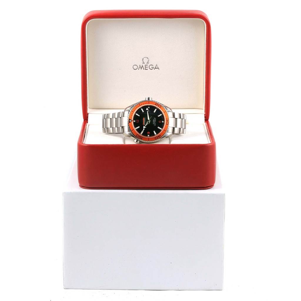 The Omega Planet Ocean 232.30.46.21.01.002 Men's Stainless Steel Black Dial 232.30.46.21.01.002 Men's Stainless Steel Black Dial watch is shown from the front, displayed in an open red Omega box.