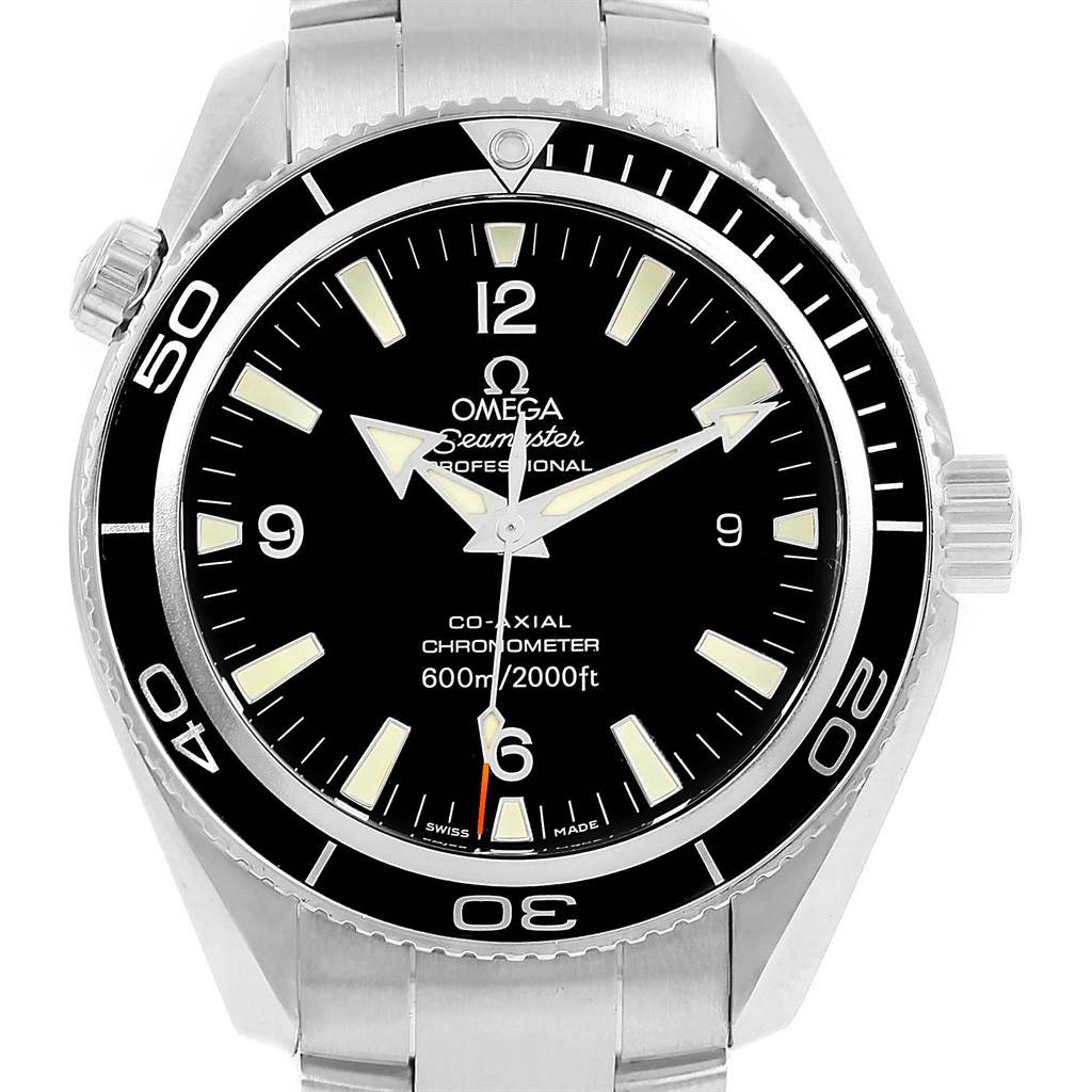 The image shows a front view of an Omega Planet Ocean 2201.50.00 Men's Stainless Steel Black Dial 2201.50.00 Men's Stainless Steel Black Dial watch, highlighting the dial, bezel, and crown.