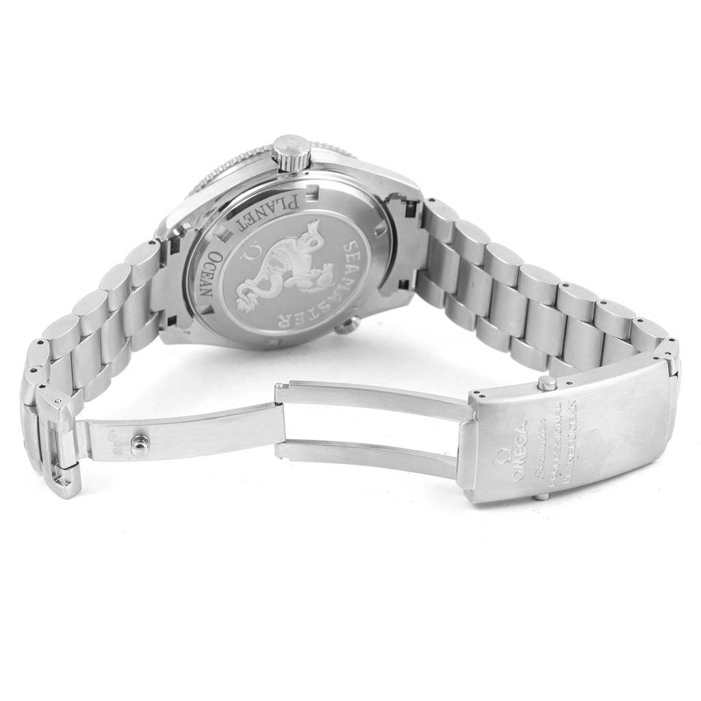 The image shows the back case and open clasp with bracelet links of the Omega Planet Ocean 2201.50.00 Men's Stainless Steel Black Dial 2201.50.00 Men's Stainless Steel Black Dial watch.