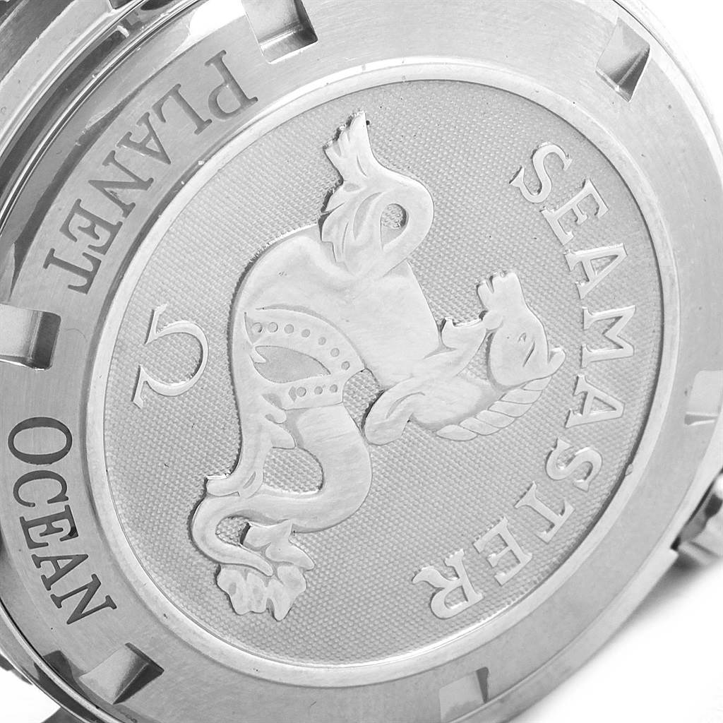 This image shows the backside or case back of the Omega Planet Ocean 2201.50.00 Men's Stainless Steel Black Dial 2201.50.00 Men's Stainless Steel Black Dial Seamaster watch.