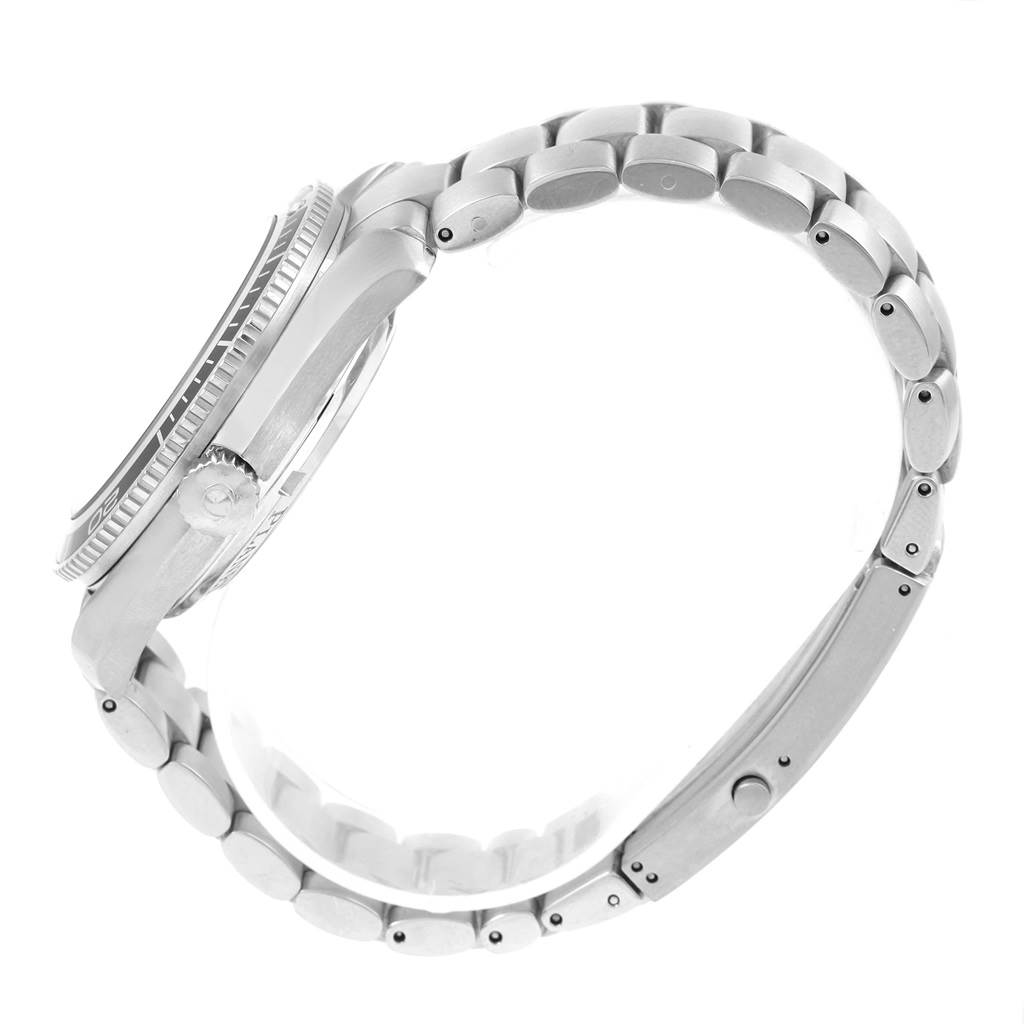 This image shows a side view of the Omega Planet Ocean 2201.50.00 Men's Stainless Steel Black Dial 2201.50.00 Men's Stainless Steel Black Dial watch, highlighting the case, bezel, crown, and metal bracelet.