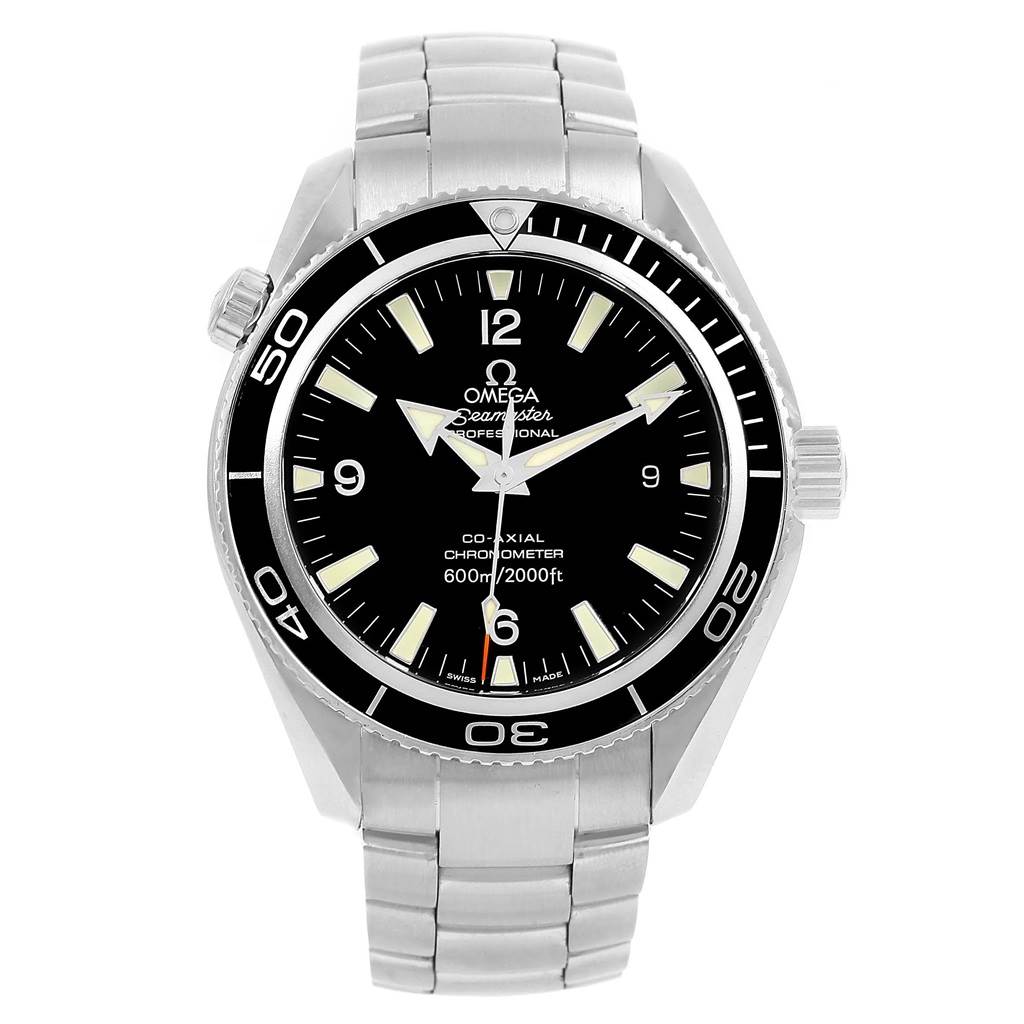 The image shows a front view of the Omega Planet Ocean 2201.50.00 Men's Stainless Steel Black Dial 2201.50.00 Men's Stainless Steel Black Dial Seamaster watch, displaying its face, bezel, and bracelet.