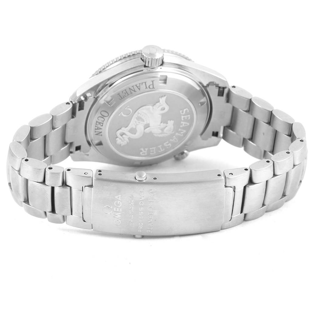 This image shows the back case and bracelet clasp of the Omega Planet Ocean 2201.50.00 Men's Stainless Steel Black Dial 2201.50.00 Men's Stainless Steel Black Dial watch.