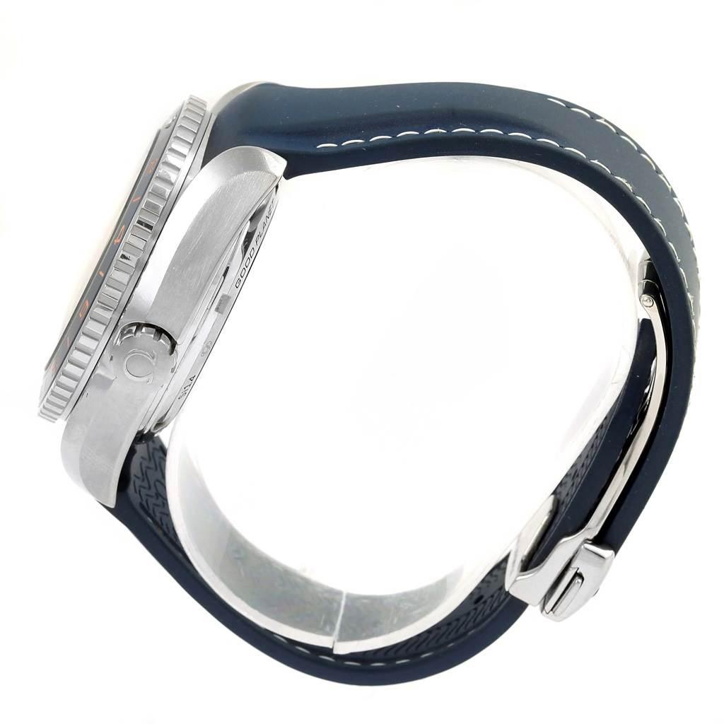 The image shows a side view of an Omega Planet Ocean 232.32.44.22.03.001 Men
s Stainless Steel Blue Dial 232.32.44.22.03.001 Men
s Stainless Steel Blue Dial watch, highlighting the case, crown, bezel, and strap.