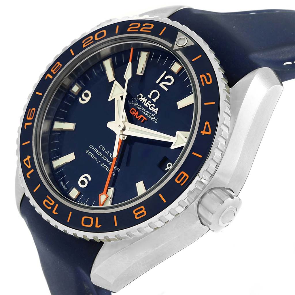 This Omega Planet Ocean 232.32.44.22.03.001 Men
s Stainless Steel Blue Dial 232.32.44.22.03.001 Men
s Stainless Steel Blue Dial watch is shown at a tilted angle, highlighting the dial, bezel, and crown.