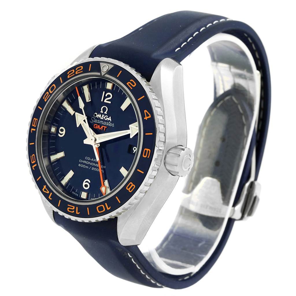 The Omega Planet Ocean 232.32.44.22.03.001 Men
s Stainless Steel Blue Dial 232.32.44.22.03.001 Men
s Stainless Steel Blue Dial watch is shown at a three-quarter angle, highlighting the face, bezel, and crown.