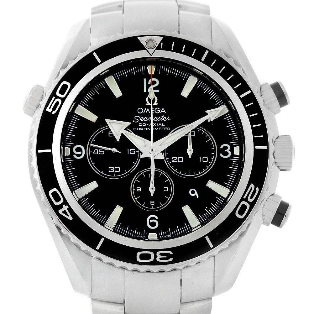 The image shows a front angle view of the Omega Planet Ocean 2210.50.00 Men
s Stainless Steel Black Dial 2210.50.00 Men
s Stainless Steel Black Dial model watch, displaying its dial, bezel, and pushers.