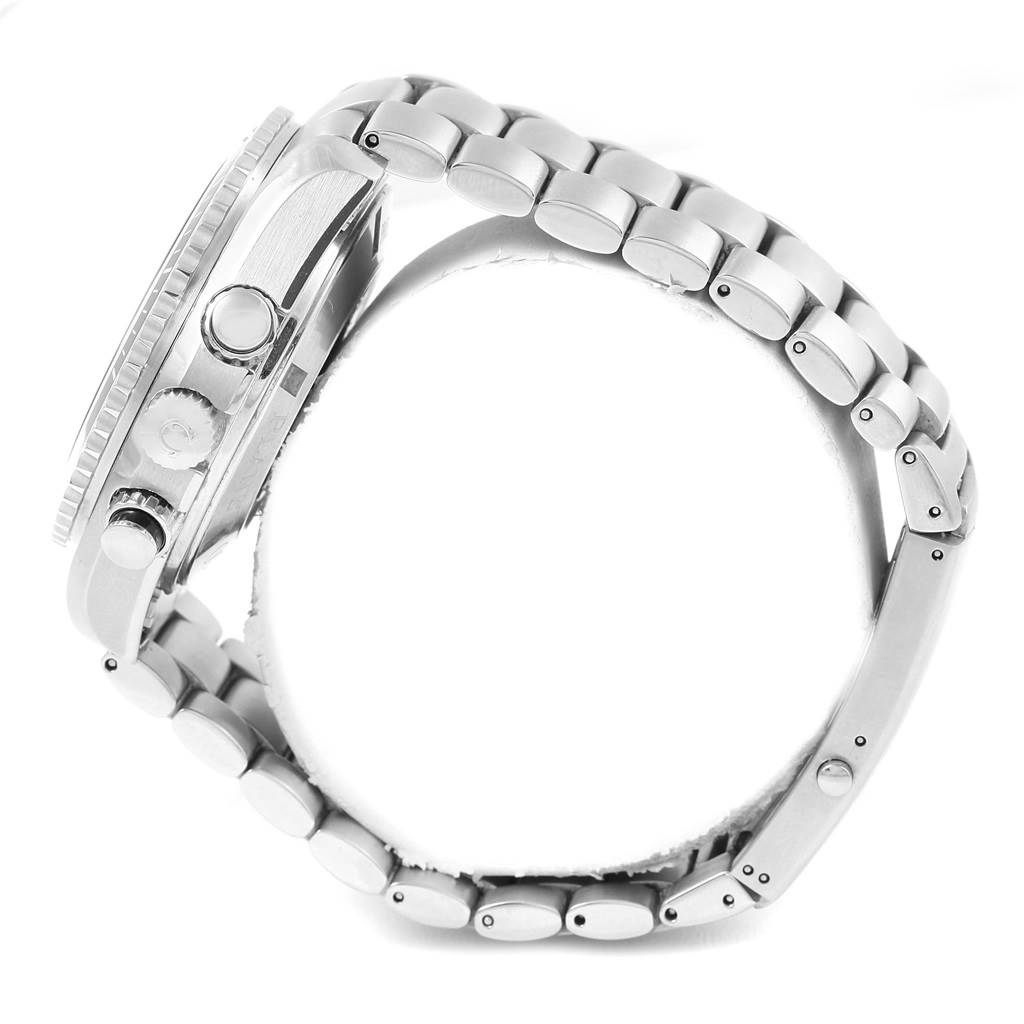 The image shows the Omega Planet Ocean 2210.50.00 Men
s Stainless Steel Black Dial 2210.50.00 Men
s Stainless Steel Black Dial model watch from a side angle, highlighting the crown, pushers, and metal bracelet.