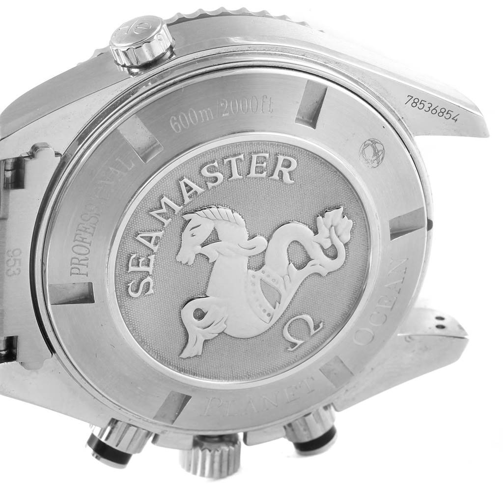 The image shows the back case of the Omega Planet Ocean 2210.50.00 Men
s Stainless Steel Black Dial 2210.50.00 Men
s Stainless Steel Black Dial watch, displaying the "Seamaster" engraving and logo.