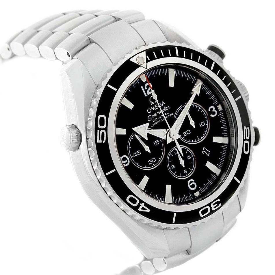 This image shows the Omega Planet Ocean 2210.50.00 Men
s Stainless Steel Black Dial 2210.50.00 Men
s Stainless Steel Black Dial model watch from a front angle, displaying the face, bezel, and part of the metal bracelet.