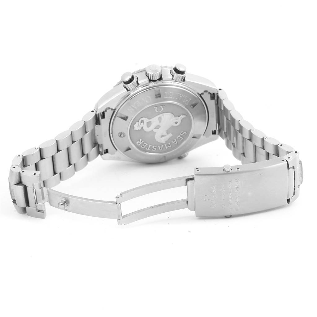 The image shows the back and open clasp of the Omega Planet Ocean 2210.50.00 Men
s Stainless Steel Black Dial 2210.50.00 Men
s Stainless Steel Black Dial watch, highlighting its bracelet and caseback.