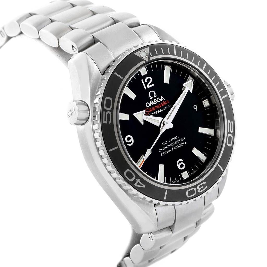 The image shows a side angle of the Omega Planet Ocean 232.30.42.21.01.001 Men
s Stainless Steel Black Dial 232.30.42.21.01.001 Men
s Stainless Steel Black Dial watch, highlighting the face, bezel, and part of the bracelet.