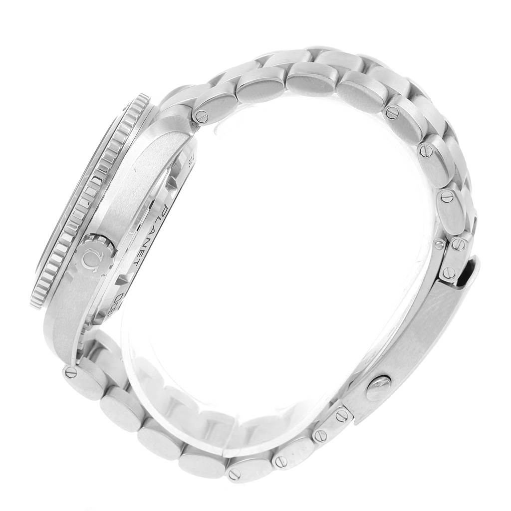 The image shows a side view of the Omega Planet Ocean 232.30.42.21.01.001 Men
s Stainless Steel Black Dial 232.30.42.21.01.001 Men
s Stainless Steel Black Dial watch, highlighting the bezel, crown, and bracelet.