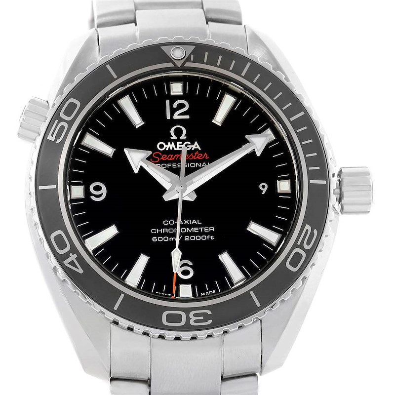 The image shows a front view of an Omega Planet Ocean Seamaster watch, highlighting its dial, bezel, and stainless steel bracelet.