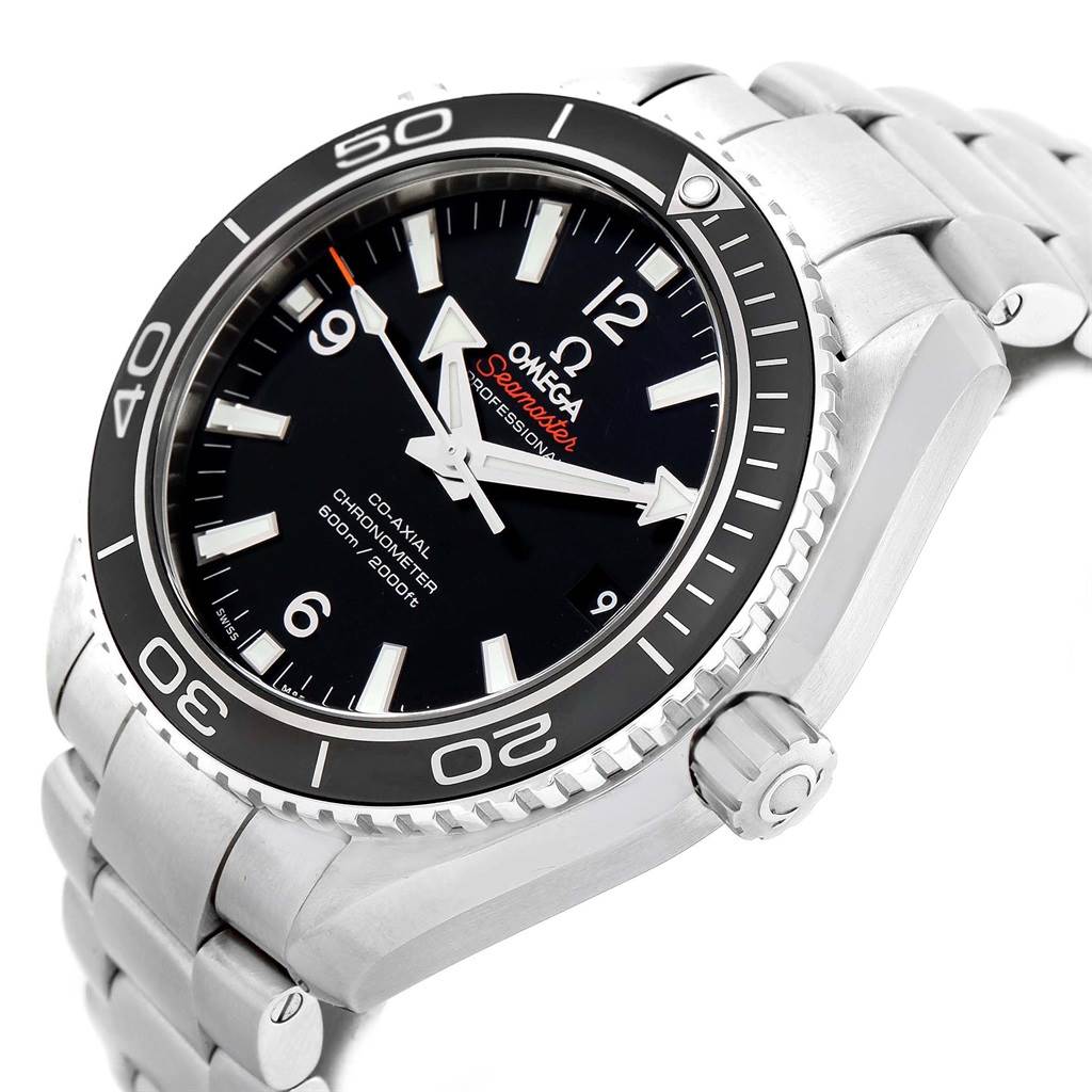 The image shows an angled close-up of the Omega Planet Ocean 232.30.42.21.01.001 Men
s Stainless Steel Black Dial 232.30.42.21.01.001 Men
s Stainless Steel Black Dial watch, displaying the face, bezel, and part of the bracelet.