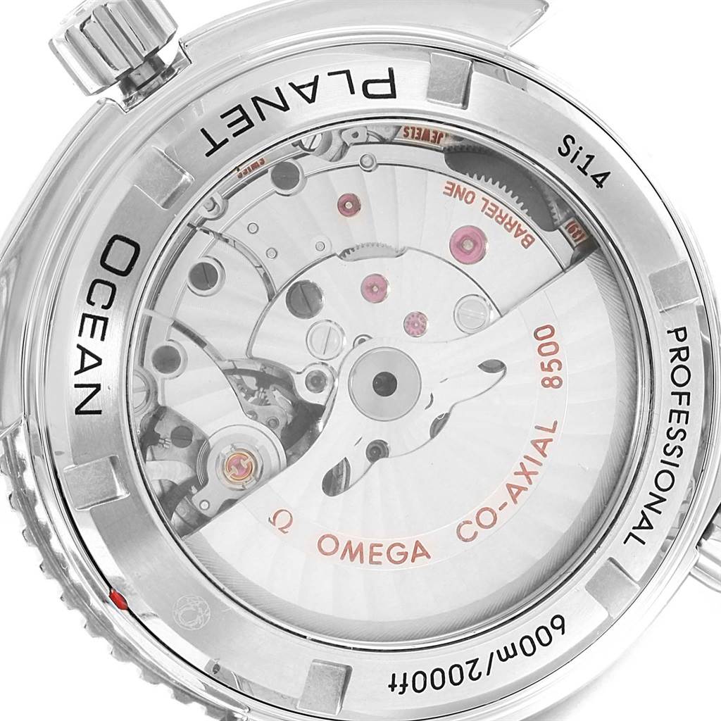 The image shows the Omega Planet Ocean 232.30.42.21.01.001 Men
s Stainless Steel Black Dial 232.30.42.21.01.001 Men
s Stainless Steel Black Dial watch from a rear angle, highlighting its internal mechanical movement.