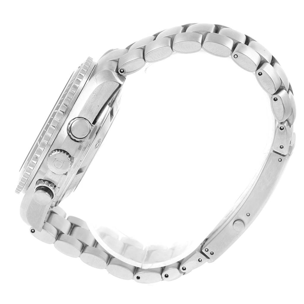 This is a side view of the Omega Planet Ocean 2210.51.00 Men's Stainless Steel Black Dial 2210.51.00 Men's Stainless Steel Black Dial watch showing the bezel, crown, pushers, and metal bracelet.