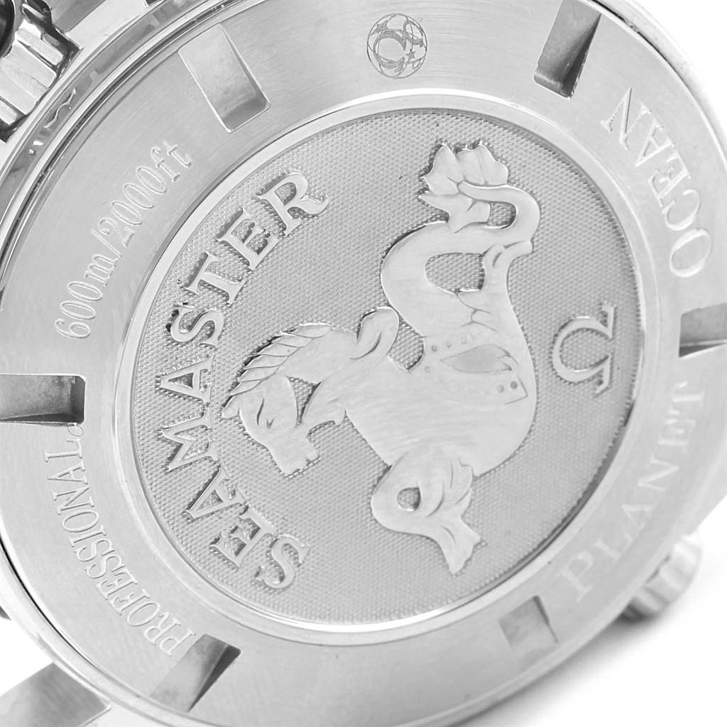 The image shows the back of an Omega Planet Ocean 2210.51.00 Men's Stainless Steel Black Dial 2210.51.00 Men's Stainless Steel Black Dial watch, featuring the Seamaster emblem and water resistance information.