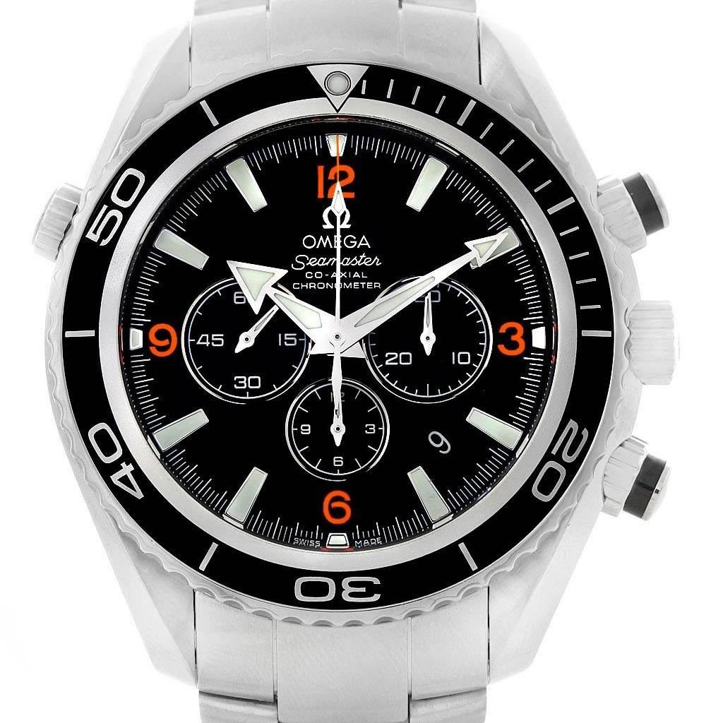The image shows a frontal view of the Omega Planet Ocean 2210.51.00 Men's Stainless Steel Black Dial 2210.51.00 Men's Stainless Steel Black Dial Seamaster watch, showing the dial, hands, bezel, and chronograph sub-dials.