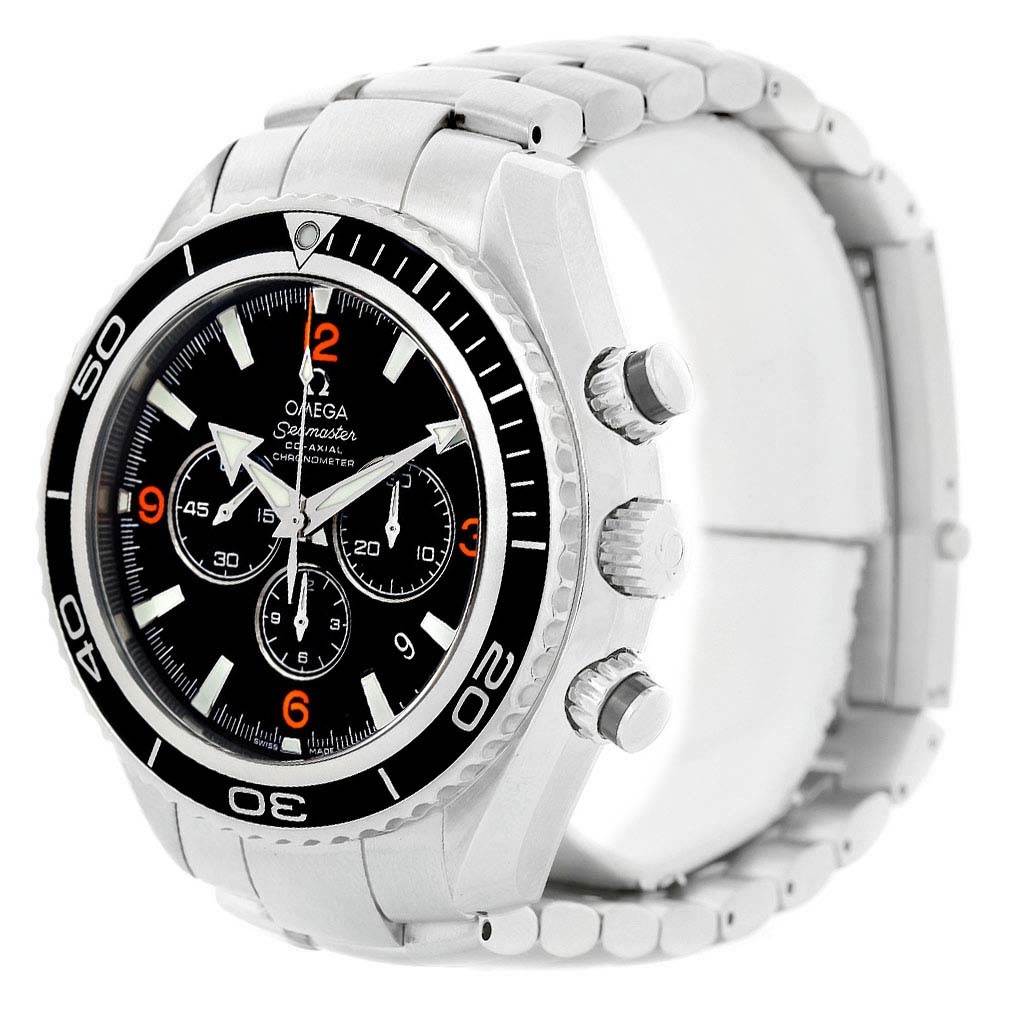 The image shows a side angle of the Omega Planet Ocean 2210.51.00 Men's Stainless Steel Black Dial 2210.51.00 Men's Stainless Steel Black Dial watch, highlighting the face, bezel, crown, and band.