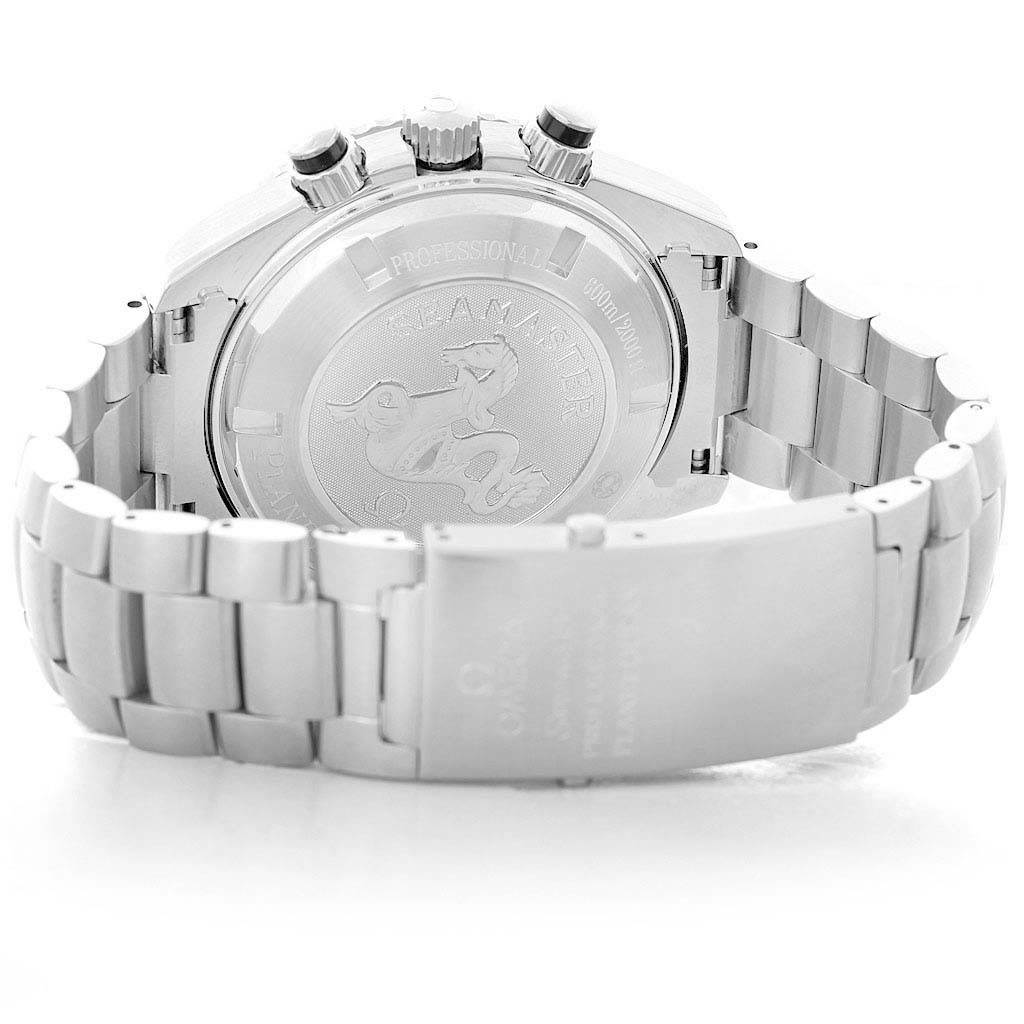 The image shows the back and clasp of the Omega Planet Ocean 2210.51.00 Men's Stainless Steel Black Dial 2210.51.00 Men's Stainless Steel Black Dial watch, highlighting the case back engravings and bracelet links.