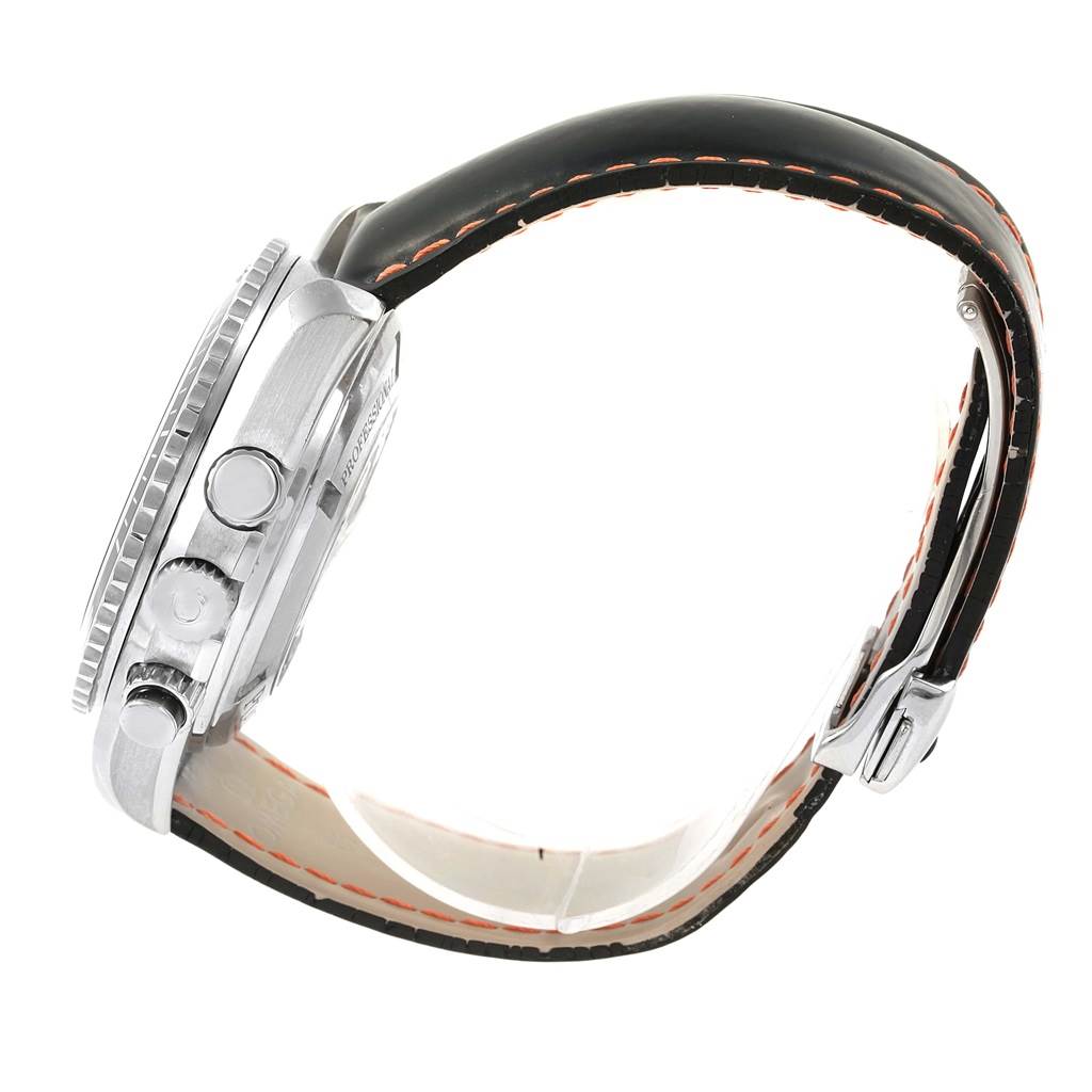 The image shows a side profile of an Omega Planet Ocean 2910.51.82 Men
s Stainless Steel Black Dial 2910.51.82 Men
s Stainless Steel Black Dial watch, highlighting the case, crown, pushers, and part of the leather strap.