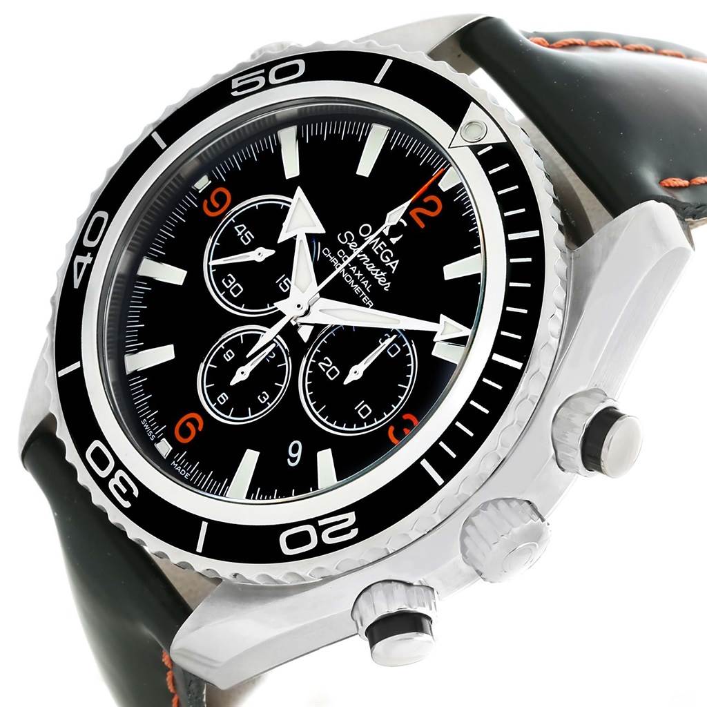 The image shows an Omega Planet Ocean 2910.51.82 Men
s Stainless Steel Black Dial 2910.51.82 Men
s Stainless Steel Black Dial watch, presented at an angled view displaying the watch face, bezel, crown, and pushers.