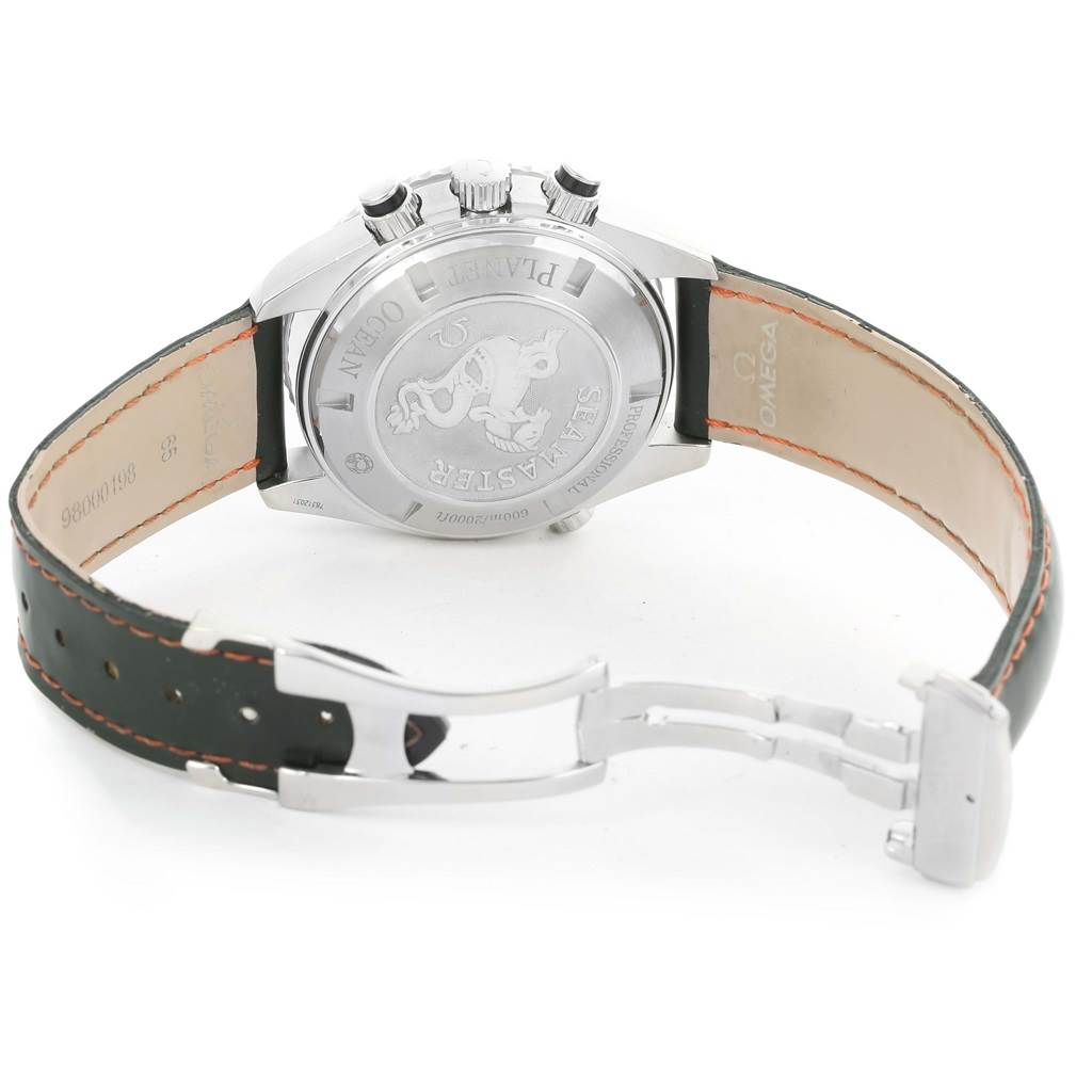 The image shows the back view of an Omega Planet Ocean 2910.51.82 Men
s Stainless Steel Black Dial 2910.51.82 Men
s Stainless Steel Black Dial watch, focusing on the caseback and strap with clasp.