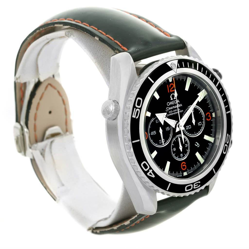 The image shows a side and top angled view of the Omega Planet Ocean 2910.51.82 Men
s Stainless Steel Black Dial 2910.51.82 Men
s Stainless Steel Black Dial watch, highlighting the bezel, dial, crown, and strap.