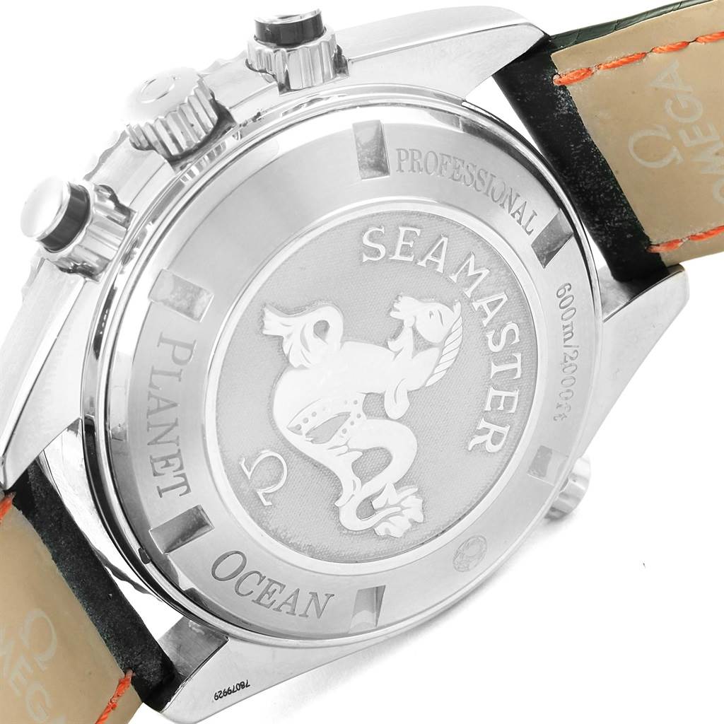 The image shows the back and side of the Omega Planet Ocean 2910.51.82 Men
s Stainless Steel Black Dial 2910.51.82 Men
s Stainless Steel Black Dial Seamaster watch, highlighting its case back engraving and crown.