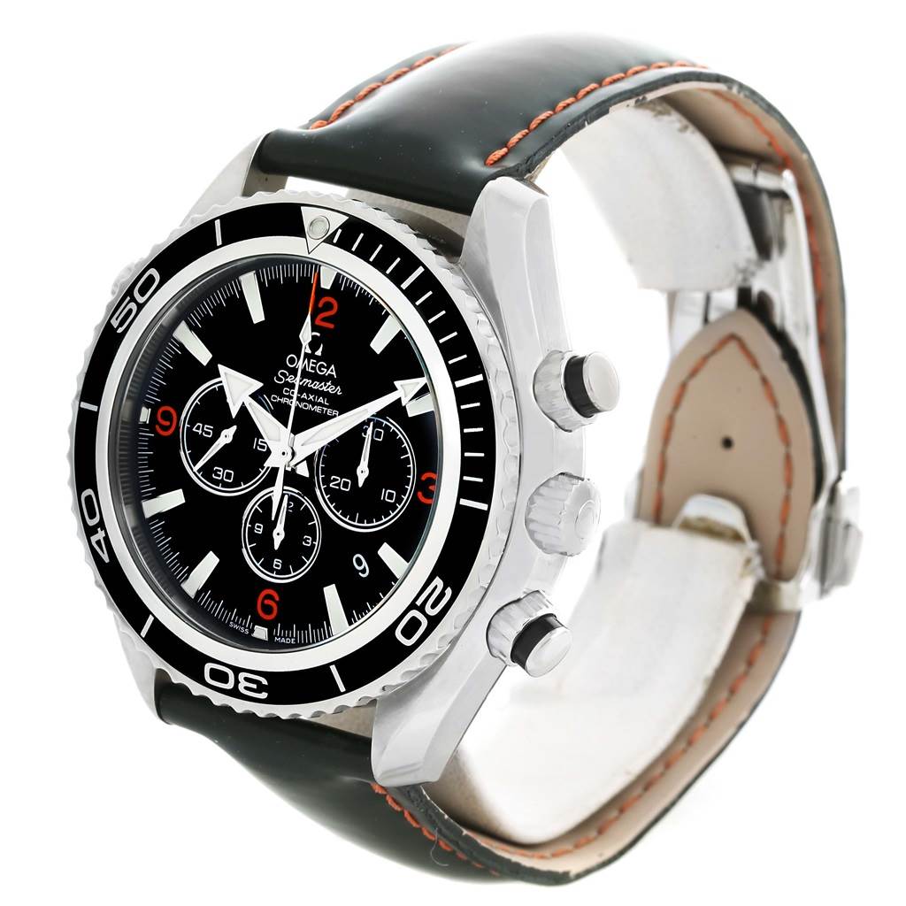 The Omega Planet Ocean 2910.51.82 Men
s Stainless Steel Black Dial 2910.51.82 Men
s Stainless Steel Black Dial watch is shown at a three-quarter angle, highlighting its dial, bezel, crown, pushers, and leather strap.