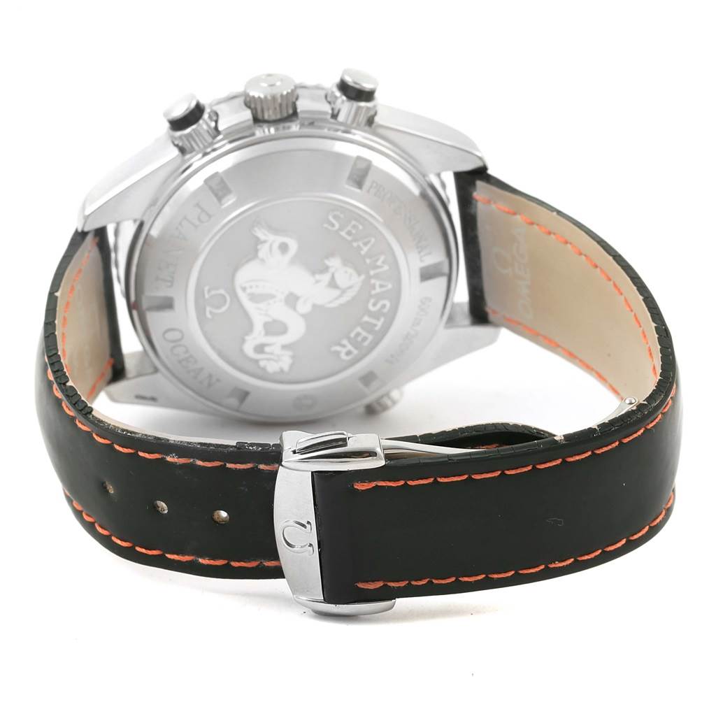 The image shows the back view of an Omega Planet Ocean 2910.51.82 Men
s Stainless Steel Black Dial 2910.51.82 Men
s Stainless Steel Black Dial watch, highlighting the case back and leather strap with buckle.