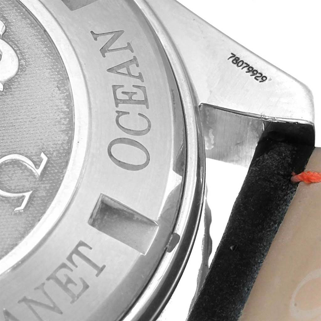 The image shows a close-up of the case back and part of the strap attachment of an Omega Planet Ocean 2910.51.82 Men
s Stainless Steel Black Dial 2910.51.82 Men
s Stainless Steel Black Dial watch.