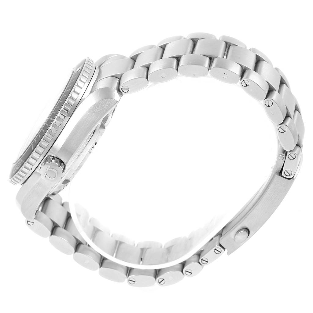 This side view of the Omega Planet Ocean 232.30.42.21.01.004 Men's Stainless Steel Black Dial 232.30.42.21.01.004 Men's Stainless Steel Black Dial watch shows its bezel, crown, and stainless steel bracelet.